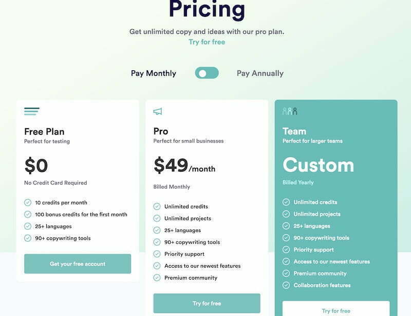 Copy AI pricing: free, pro, custom