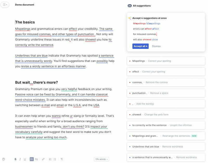Grammarly demo document with suggestions