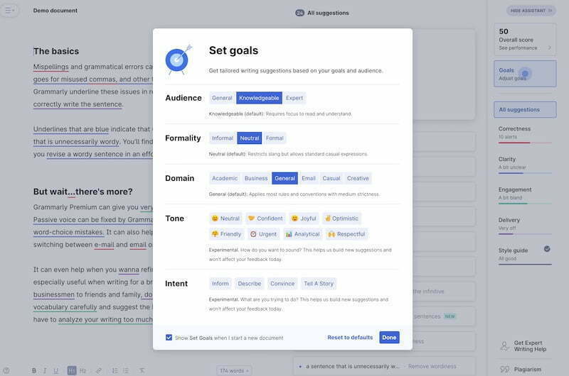 Set goals and guidelines for your content in Grammarly
