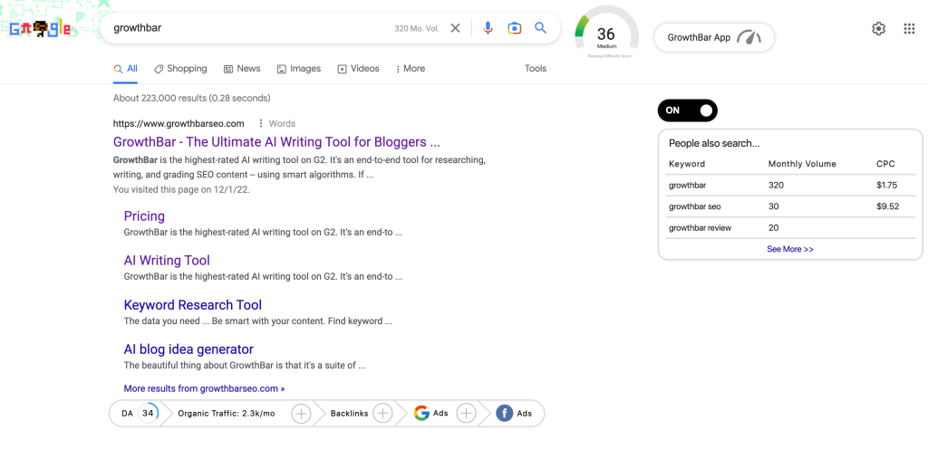 example of growthbar chrome extension in use in google