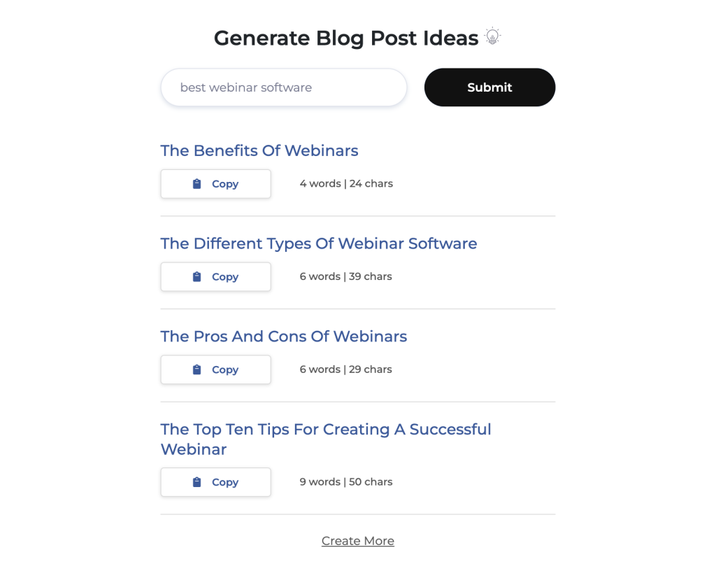 generate blog post ideas screenshot