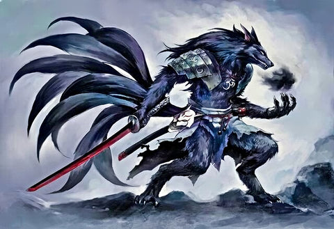 As part of the World of Darkness role-playing game universe, this illustration depicts a shapeshifting Kitsune. Wearing battle gear and carrying a blood-smeared sword, the werefox is holding a sword smeared with blood. The abilities of the werefoxes were bestowed by Inari.