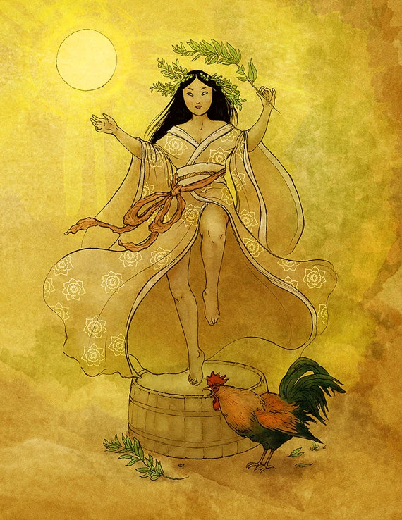 In the illustration, Ame-no-Uzume is depicted dancing on a tree stump while dressed in golden robes. She is also accompanied by a hen, and the sun shines brightly behind her.   