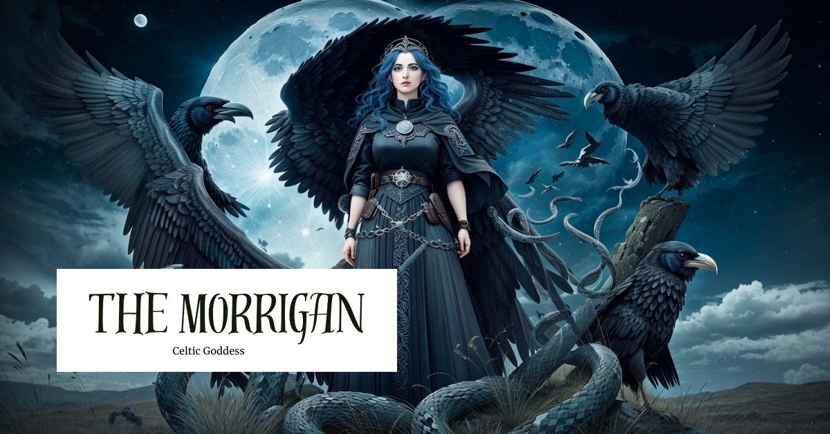 the morrigan stands on a dark field with a dark dress at night