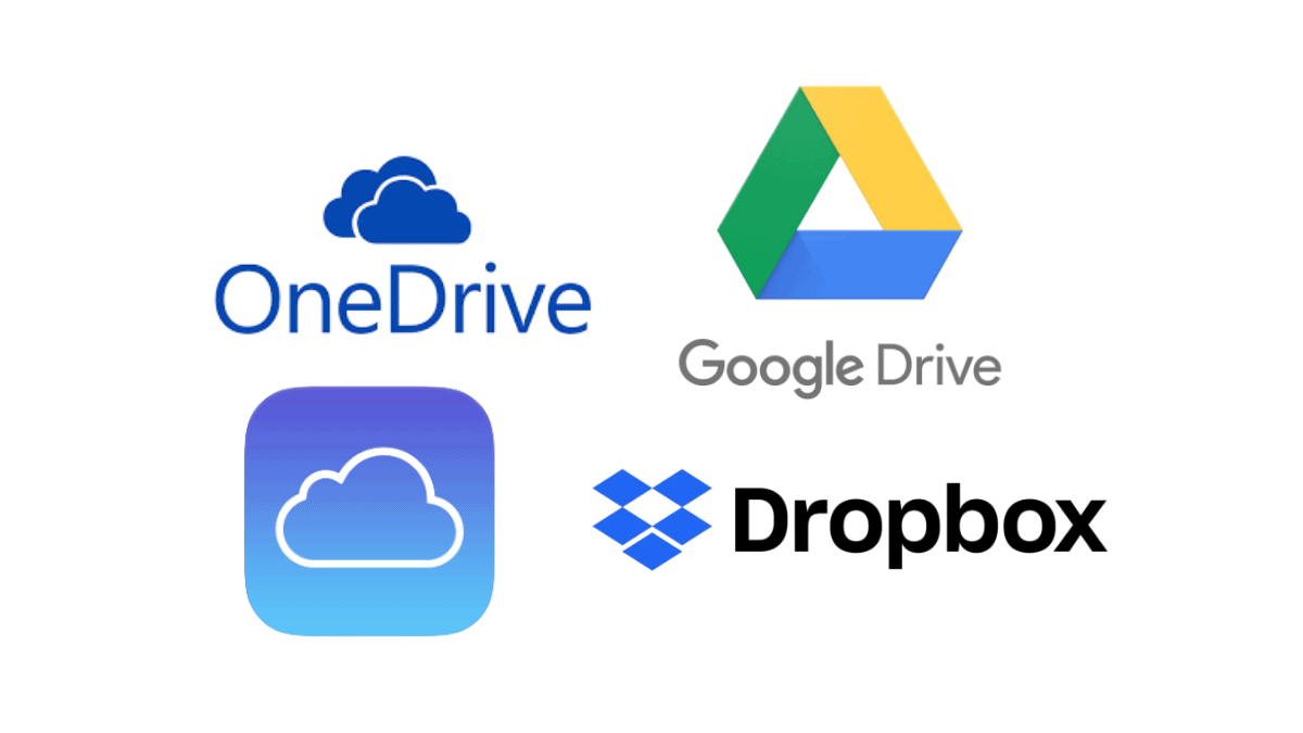 Google drive, dropbox, iCloud, and onedrive logos