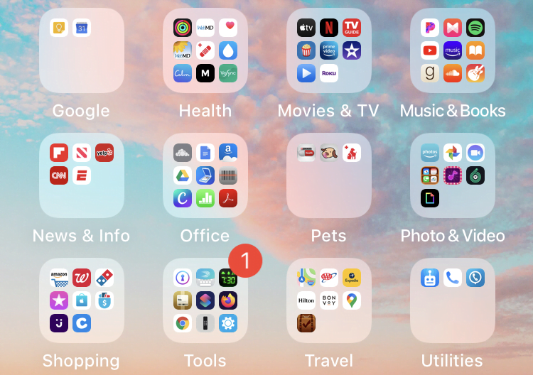 an iPhone with organized homescreen