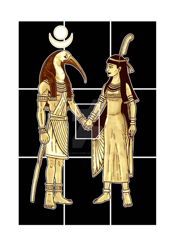 Depiction of Thoth who has a bird head holding hands with his wife, Ma'at. 