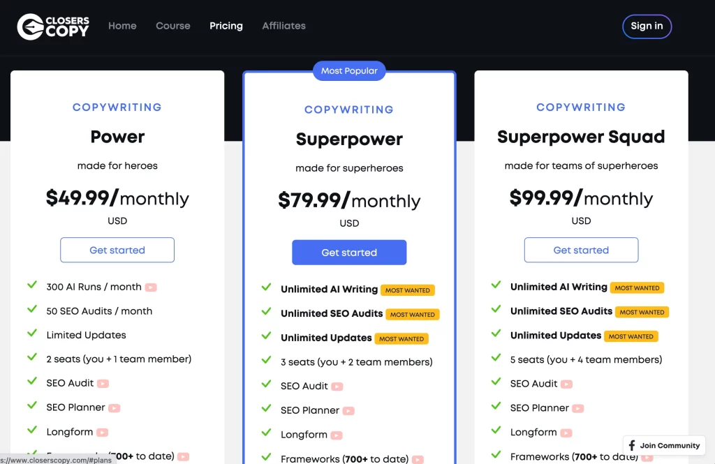 Closers Copy Pricing Page 1