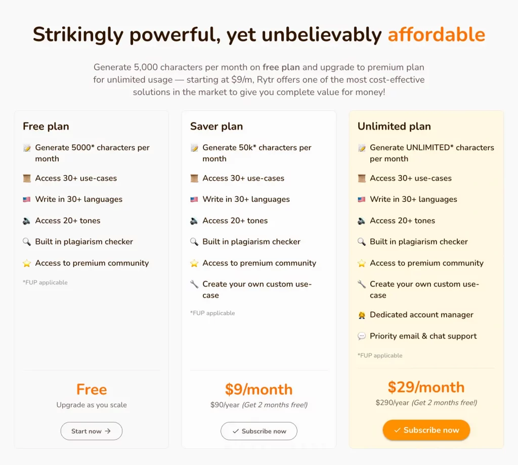 Rytr Pricing Page