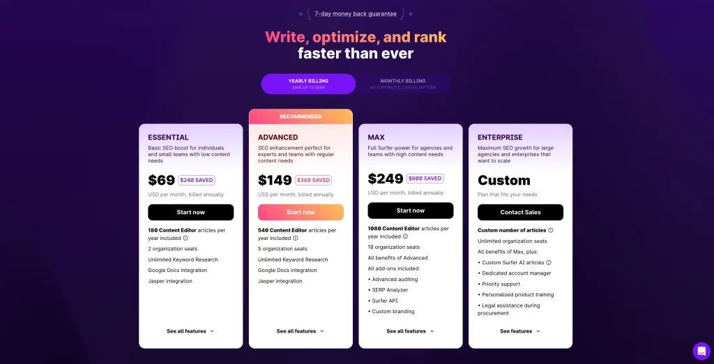SurferSEO Pricing Page