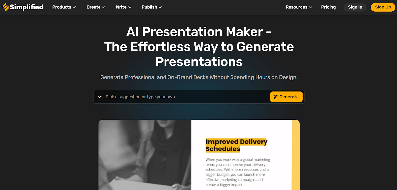 simplified website - the effortless way to generate presentations