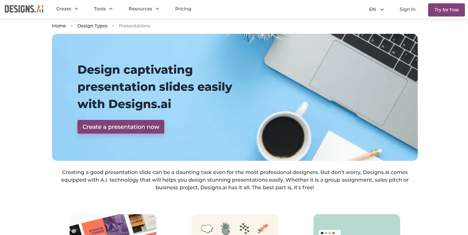 designs.ai website - design captivating presentation slides easily