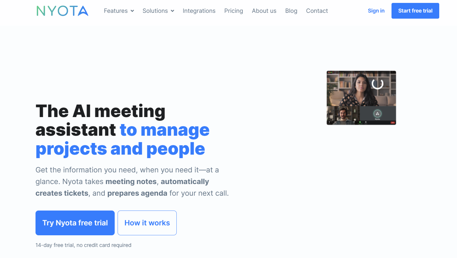 nyota website - AI meeting assistant