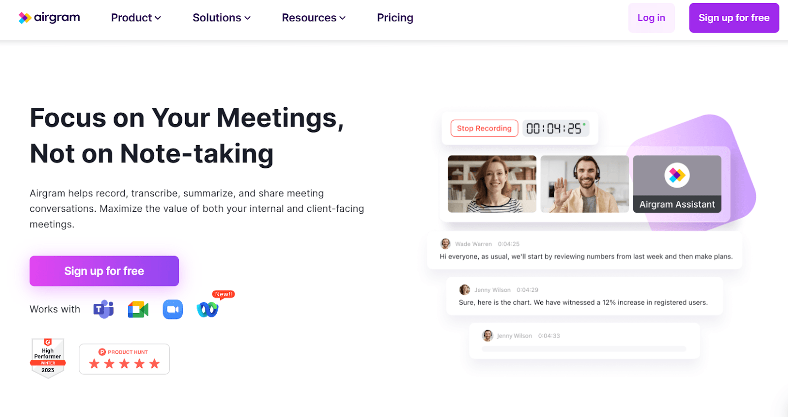 airgram website - AI assistant for automated meeting notes & summary