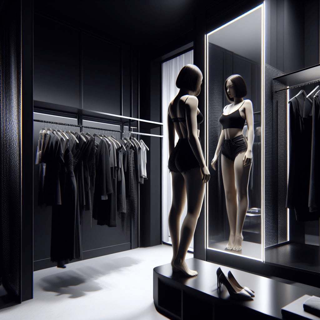 a realistic virtual fitting room, full of clothes and one woman trying them out in front of a mirror
