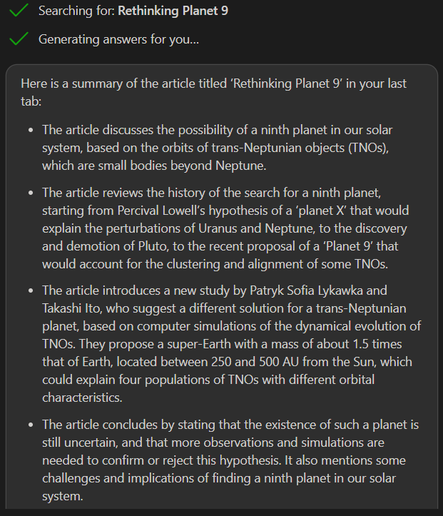 bing chat - summarization feature - rethinking planet 9