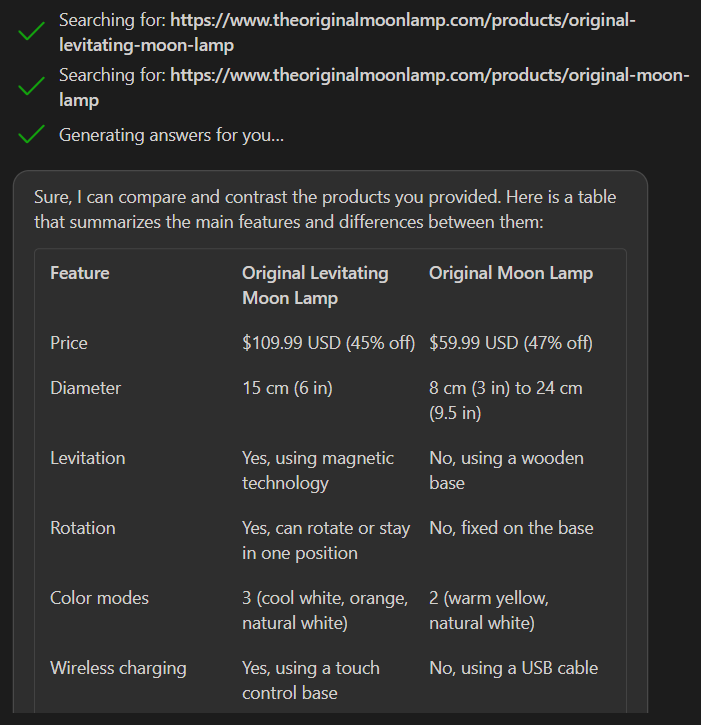 bing chat - product comparison feature - moon lamps