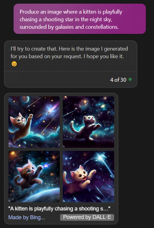 bing chat - ai-generated images features - kitten is playfully chasing a shooting star in the night sky.