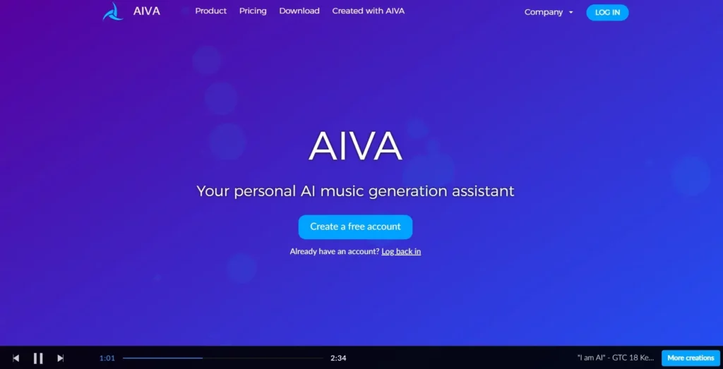 AIVA website - personal ai music generation assistant