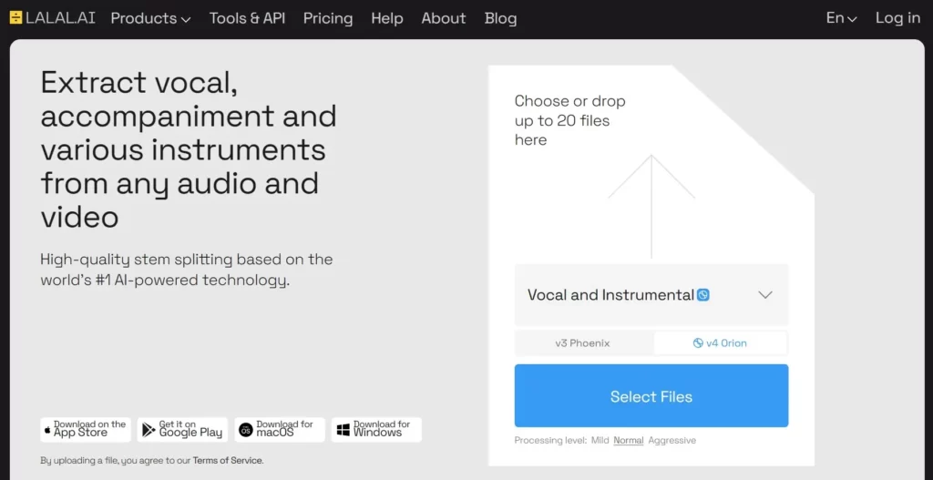 LALAL.AI website - vocal remover and instrumental ai splitter