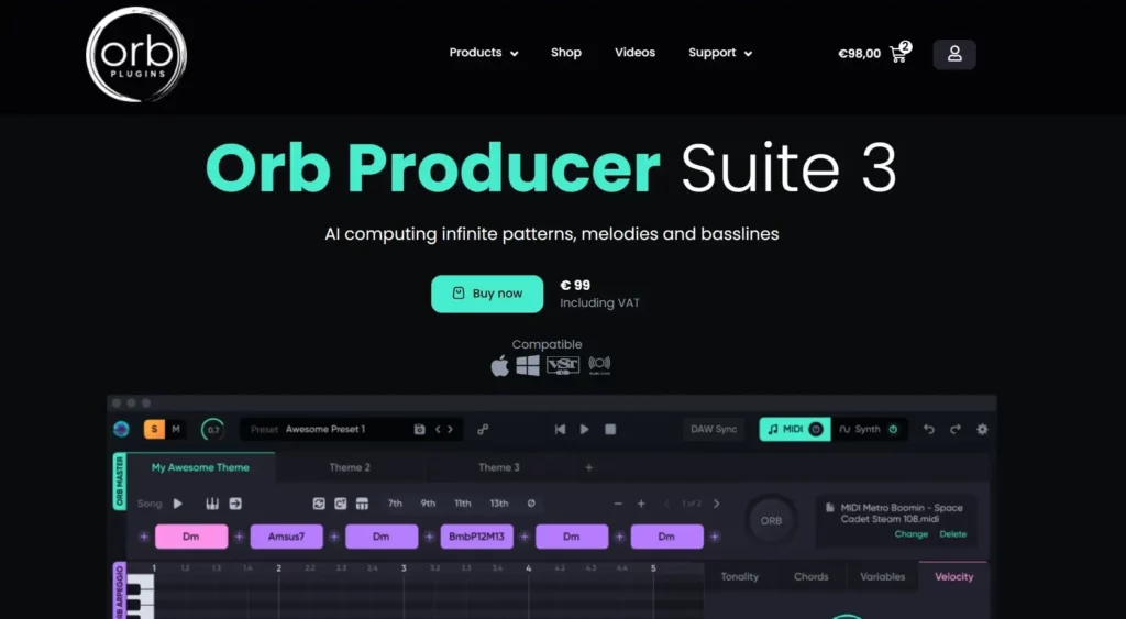 Orb producer suite 3 website - ai computing infinite patterns, melodies and basslines