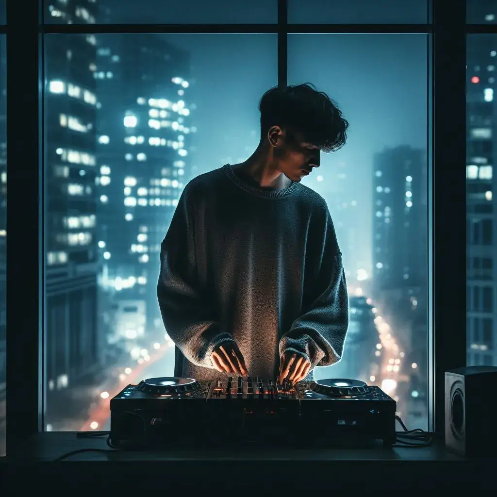 a DJ mixer in a dark room with a city view in the background