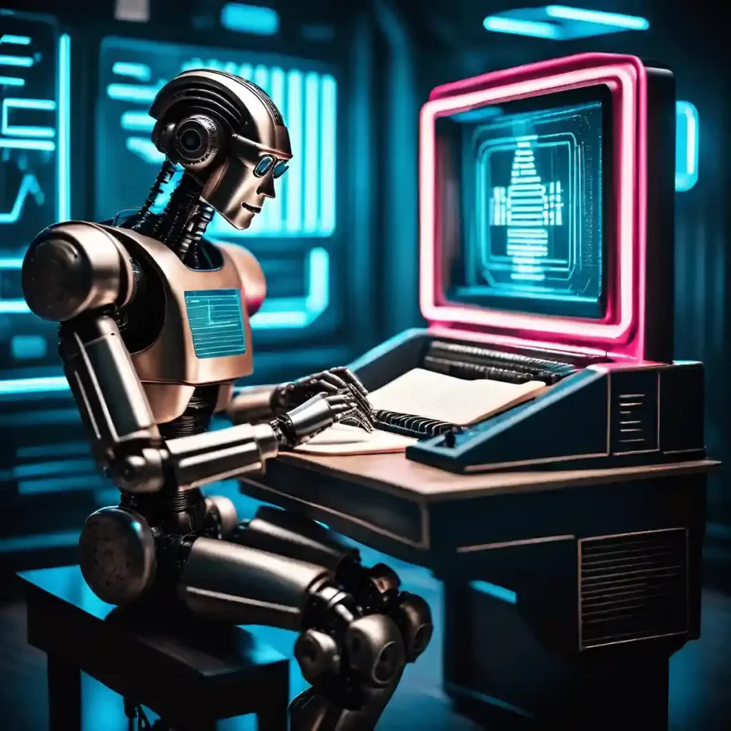 image of a robot writing a story on the computer 