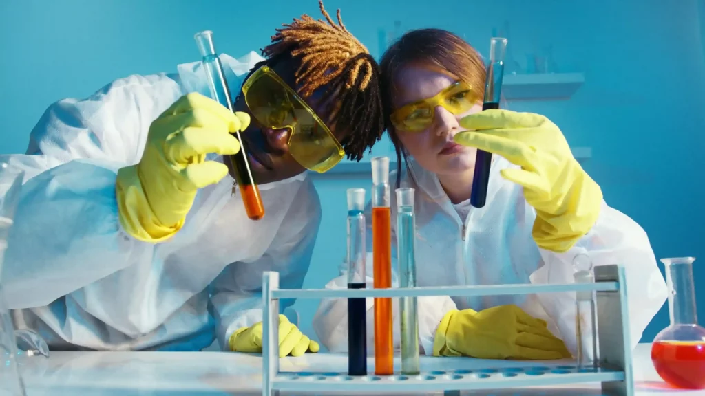 image of a male and female pharmaceutical pharmacist conducting research 