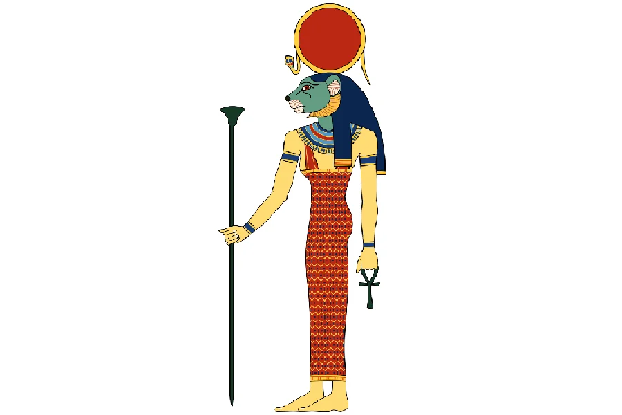 A colored, 2D image of Sekhmet with the ankh of life and the scepter. 