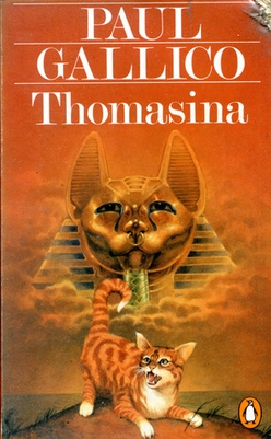 Cover of Paul Gallico's book "Thomasina" featuring a gold Egyptian cat and an orange cat.