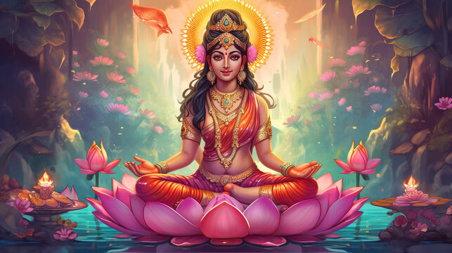 This is an illustration of Lakshmi, the goddess of wealth and fortune. In a red two-piece sari and adorned in gold jewelry, Lakshmi sits cross-legged on a lotus flower.  