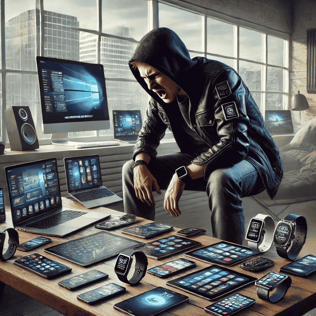 A man wearing a hoodie, surrounded by a mix of devices.