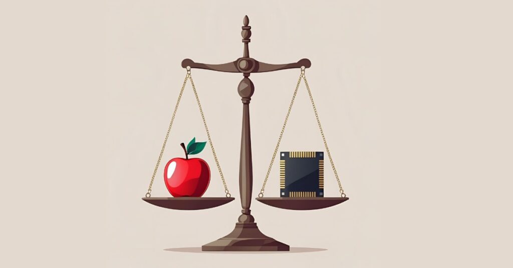 Scales balancing a red apple and a microchip in minimalist style.