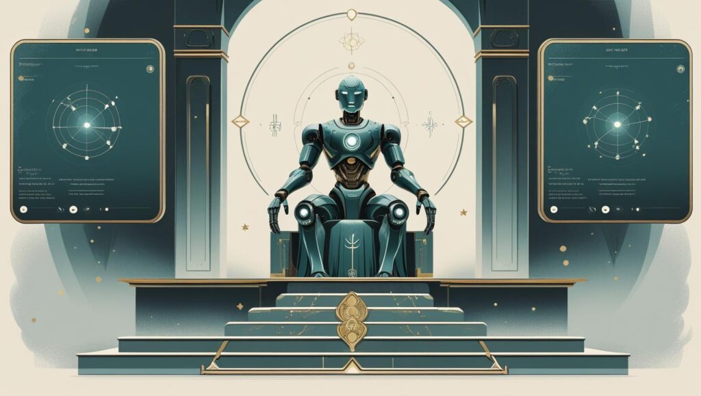  A robot sits on a throne in a dramatic setting, symbolizing the worship of AI and chatbot reverence.