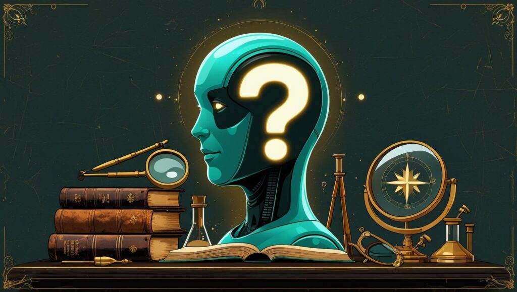 A glowing chatbot floats above a lab table, symbolizing scientists questioning AI consciousness.