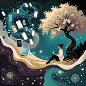 Flat vector image showing a calm figure under a tree blending into a swirl of tech devices and messages, symbolizing the integration of technology and inner peace in the digital age.