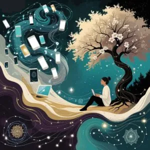 Flat vector image showing a calm figure under a tree blending into a swirl of tech devices and messages, symbolizing the integration of technology and inner peace in the digital age.