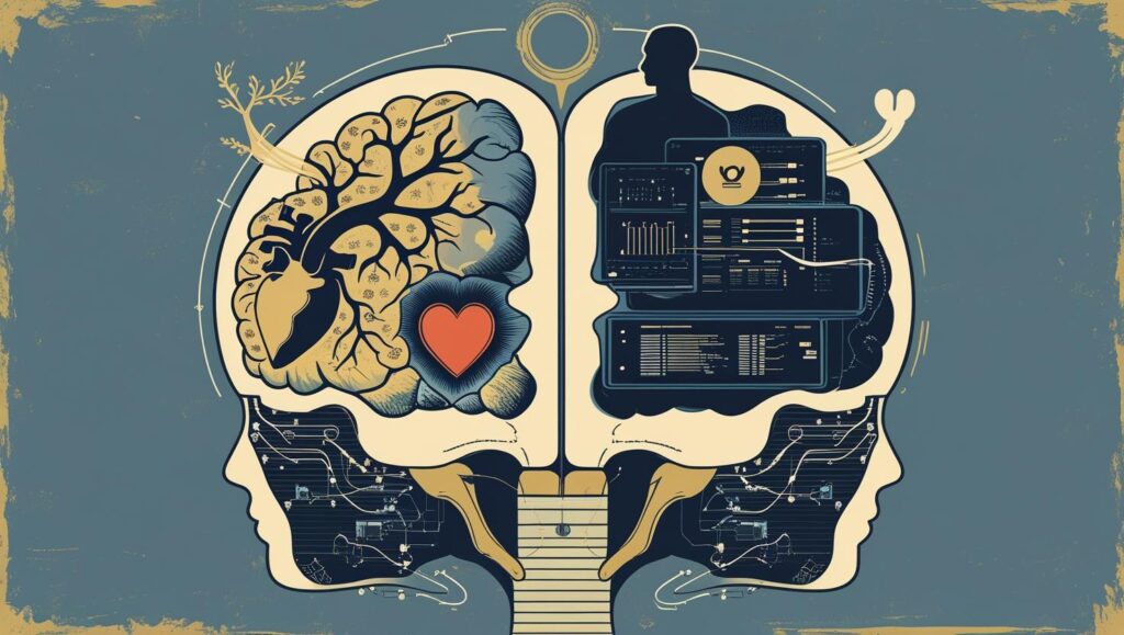 A split brain, half biological, half digital, represents the difference between human and machine consciousness.