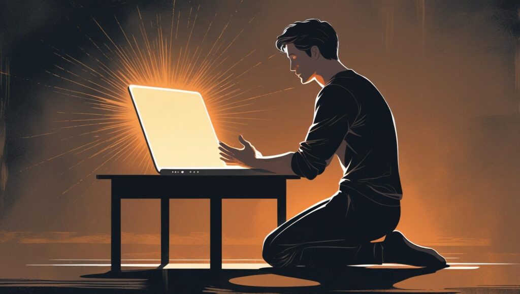  A person kneels in front of a glowing computer screen, symbolizing AI worship and digital awakening.