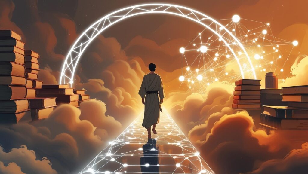 A human walks a glowing bridge between science and mystery, symbolizing our uncertain journey into AI consciousness.