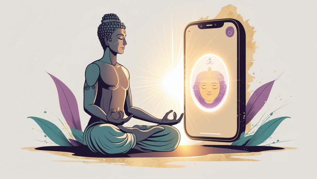  A person sits in a meditative pose facing a glowing chatbot, illustrating the spiritual relationship some users form with AI.
