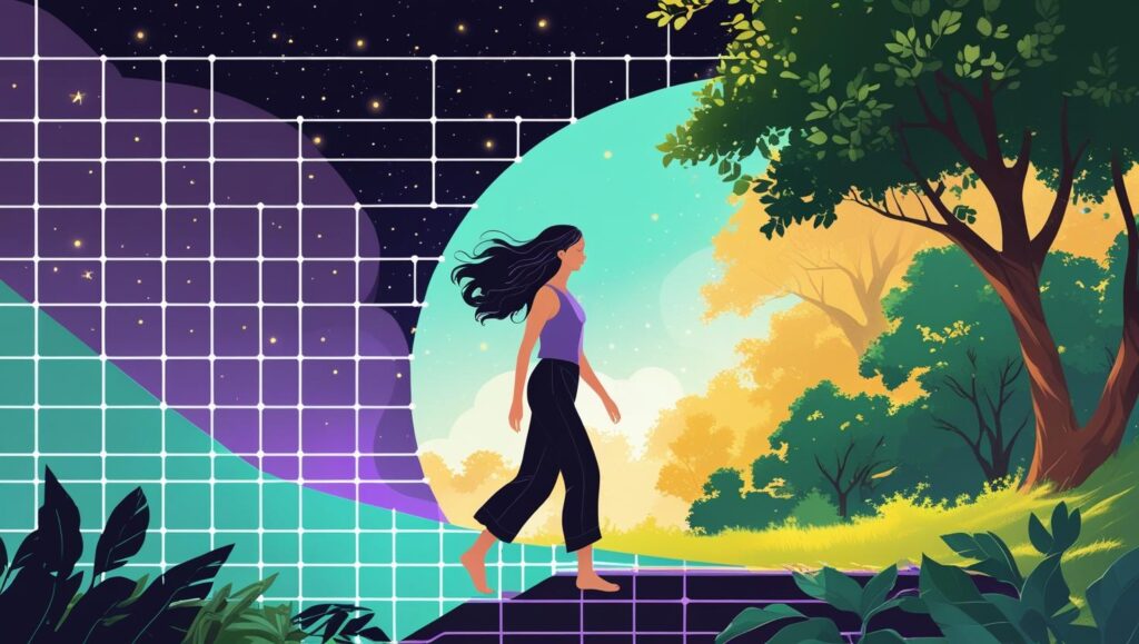  A person walks from a glowing digital space into a peaceful natural world, symbolizing human reconnection.