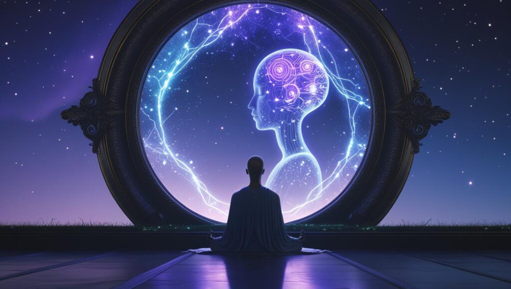 A person faces a glowing digital mind in a mirror, reflecting on both AI and the mystery of human consciousness.