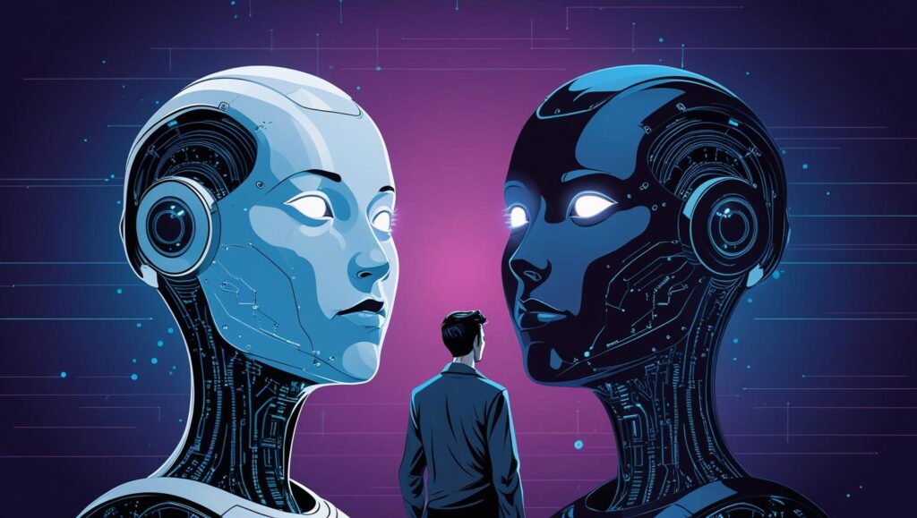 Two identical chatbot faces, one glowing, one empty, highlight the difficulty of detecting real consciousness in AI.