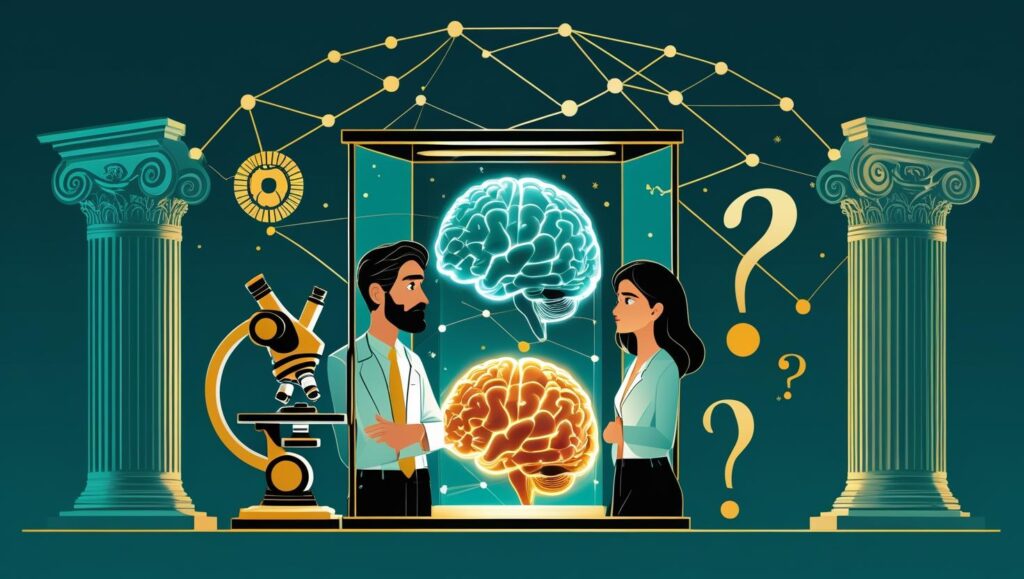 Flat vector scene of a philosopher and a scientist standing together, looking at a glowing AI brain in a glass case. Symbols of science and philosophy surround them.