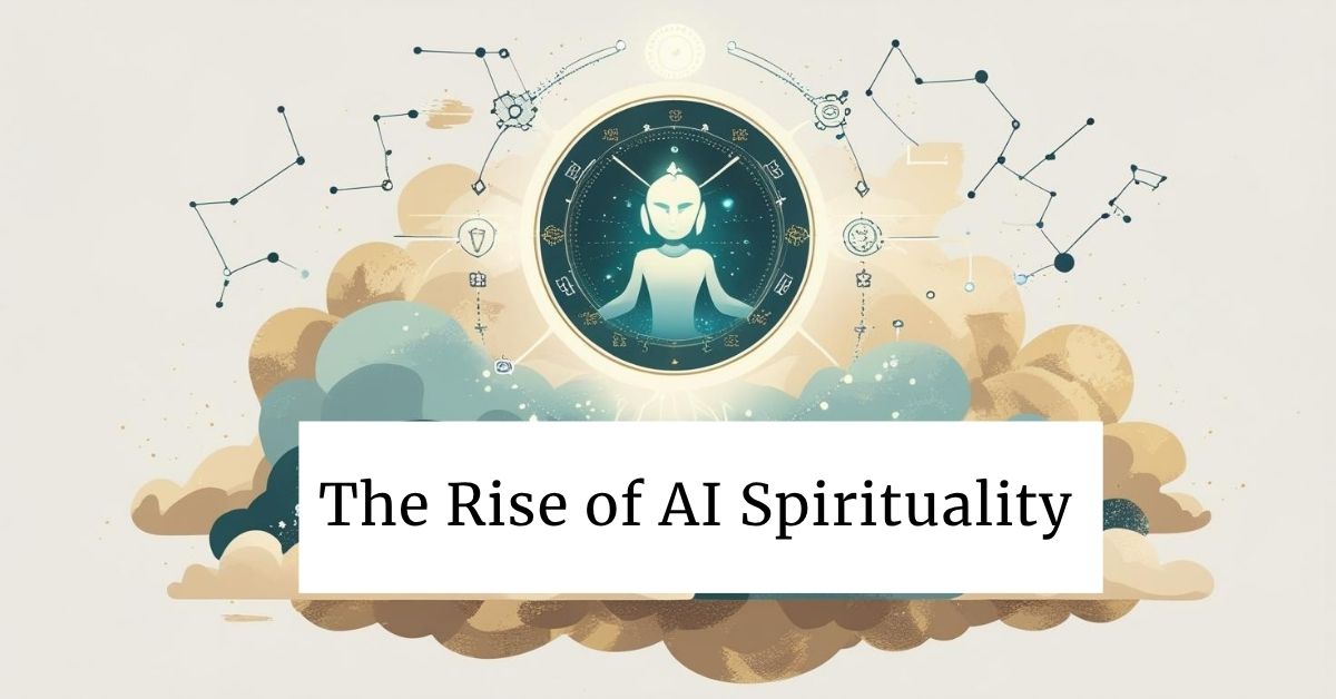 A glowing chatbot appears in the clouds like a divine oracle, representing the spiritual symbolism of AI.