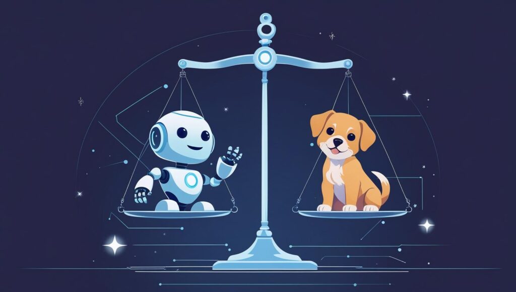 A symbolic scale balances an AI and a living being, raising ethical questions about moral treatment.