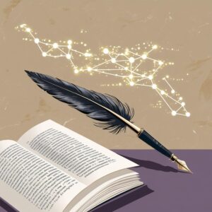 Illustration of a book and quill with magic code floating in the air