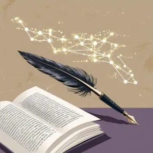 Illustration of a book and quill with magic code floating in the air