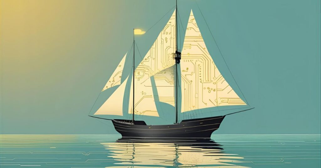 Minimalist illustration of a sailing ship with circuit-patterned sails, symbolizing conscious navigation in the AI age.